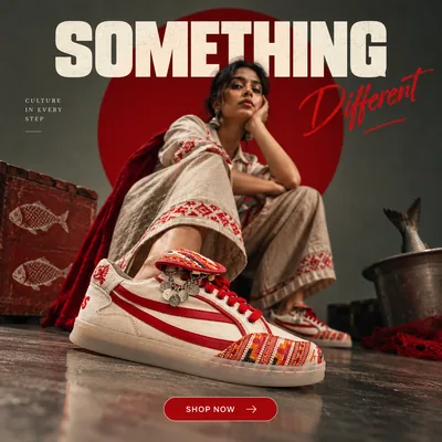 Lifestyle ad creative for ethnic-print sneakers