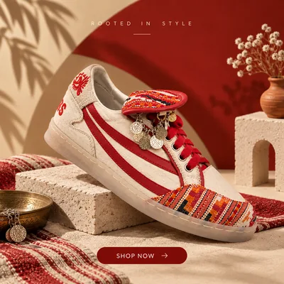 Product-led ad creative for ethnic-print sneakers