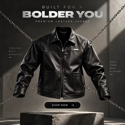 Premium leather jacket ad creative shot on a dark set