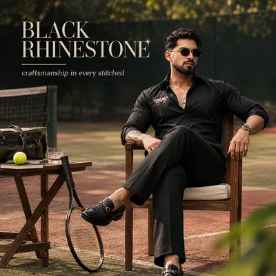 Black embellished shirt ad creative for a menswear label