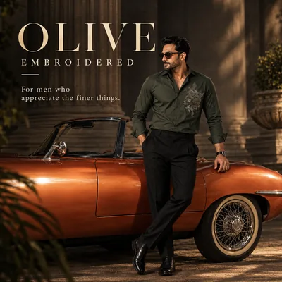 Embroidered olive shirt ad creative for a menswear label